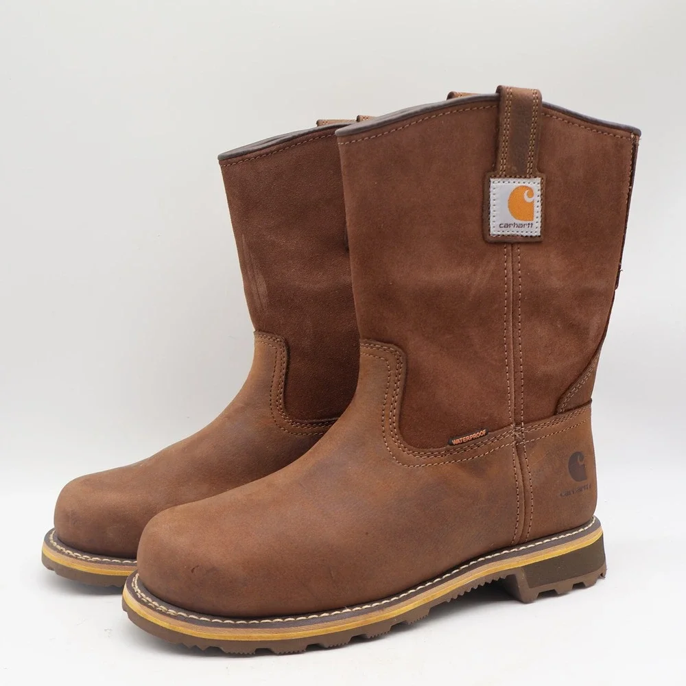 Carhartt Waterproof Pull-On Work Boot Mens 9 Brown Leather Soft Toe CMP1053